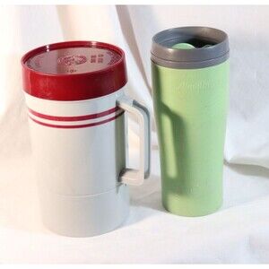 Vintage Aladdin Tumbler Mug Pint Flask Set w/ Lids Good Preowned Green and Gray